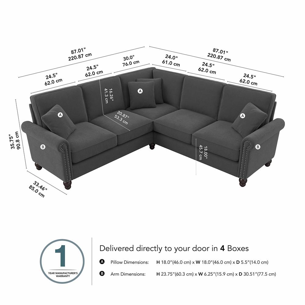 Bush Furniture Coventry 87W L Shaped Sectional Couch, Charcoal Gray Herringbone Fabric. Picture 6