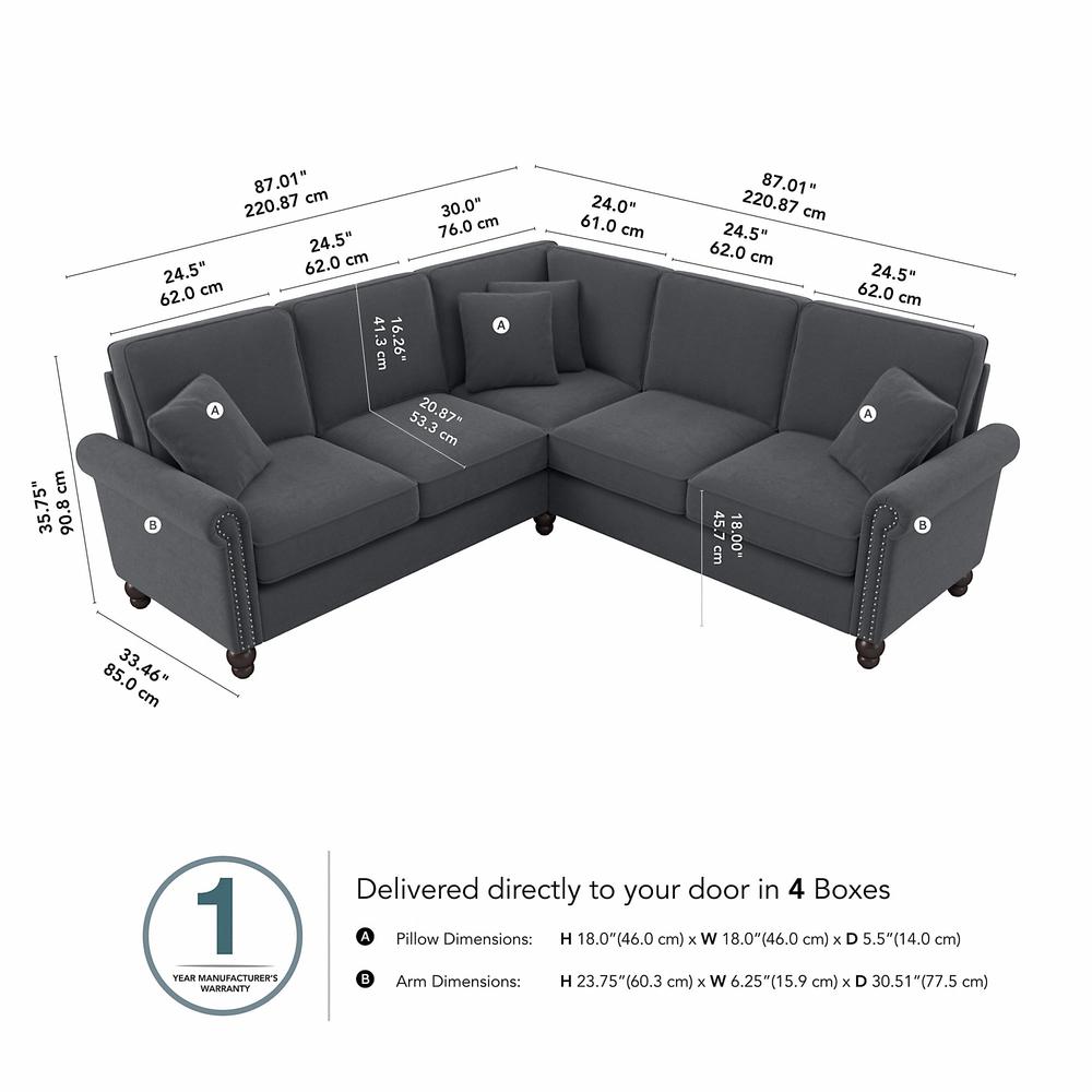 Bush Furniture Coventry 87W L Shaped Sectional Couch, Dark Gray Microsuede Fabric. Picture 6