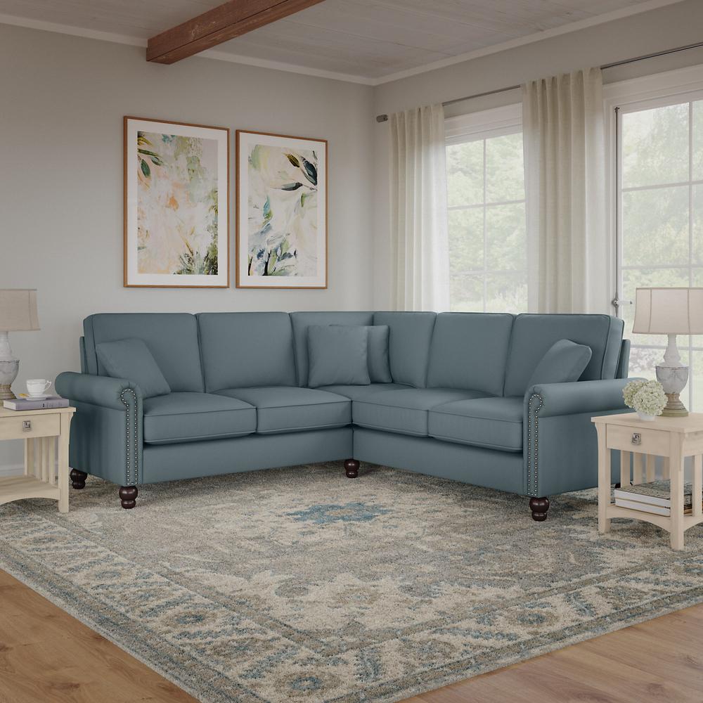 Bush Furniture Coventry 87W L Shaped Sectional Couch, Turkish Blue Herringbone Fabric. Picture 2