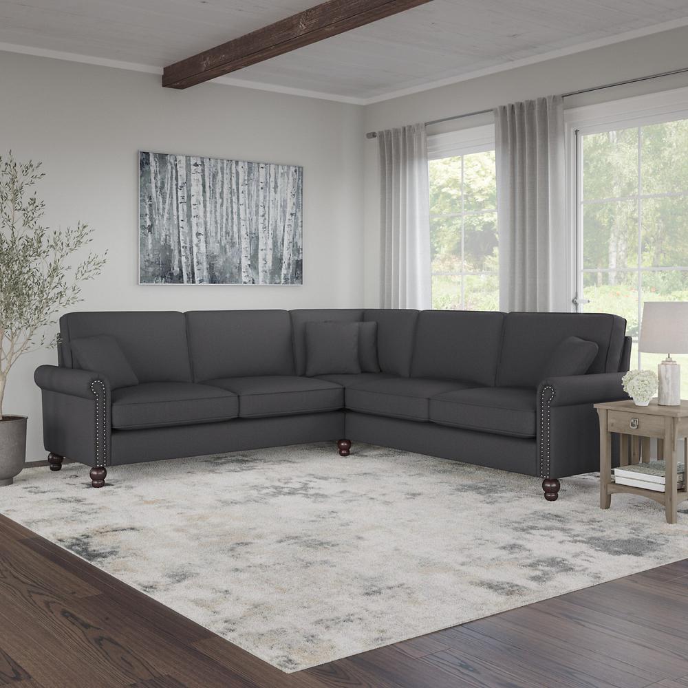 Bush Furniture Coventry 99W L Shaped Sectional Couch, Charcoal Gray Herringbone Fabric. Picture 2