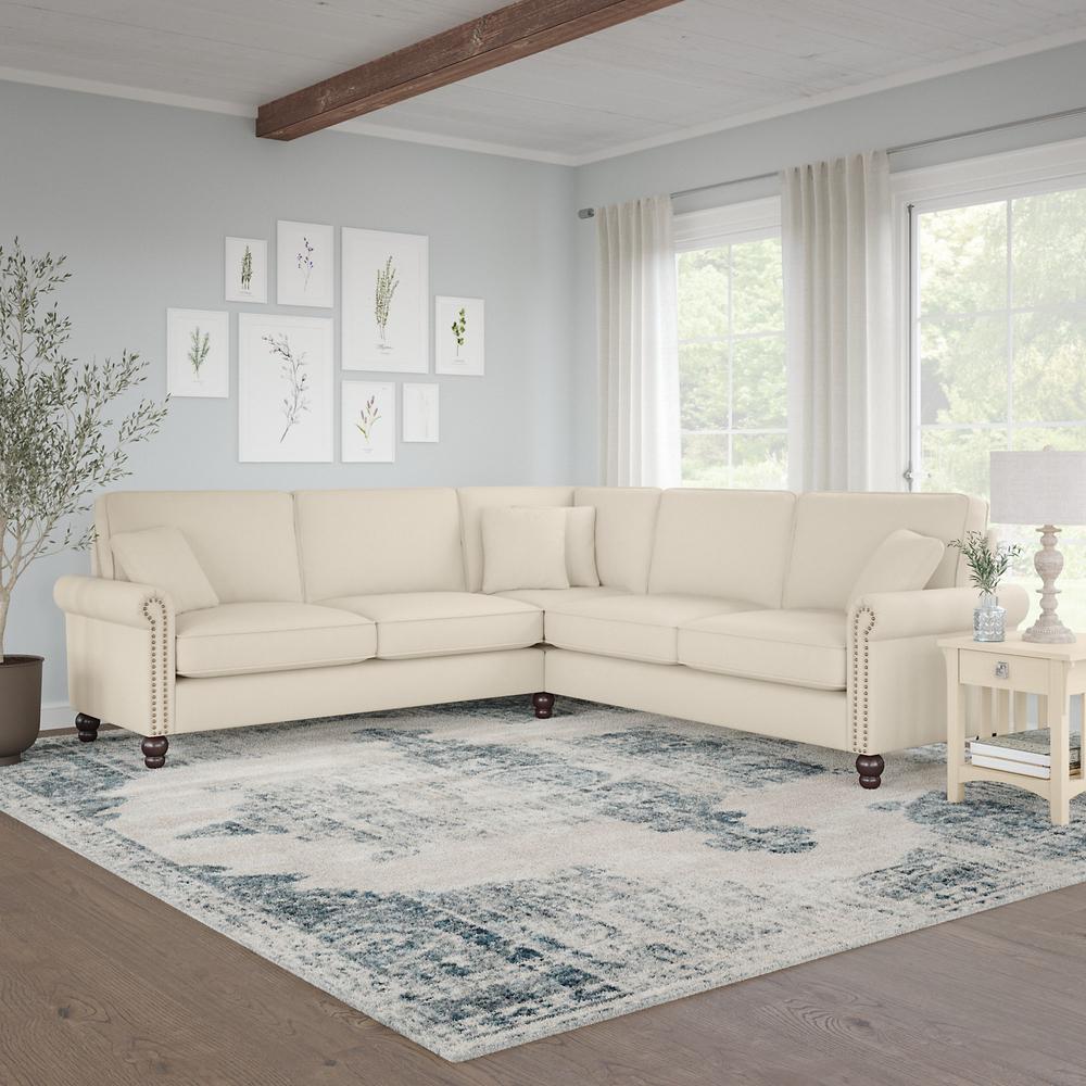 Bush Furniture Coventry 99W L Shaped Sectional Couch, Cream Herringbone Fabric. Picture 2