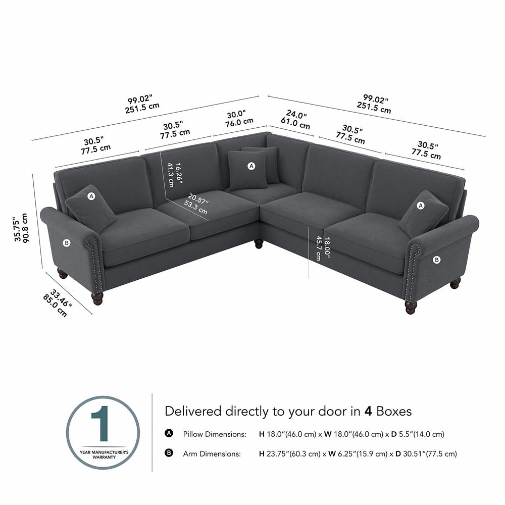 Bush Furniture Coventry 99W L Shaped Sectional Couch, Dark Gray Microsuede Fabric. Picture 6