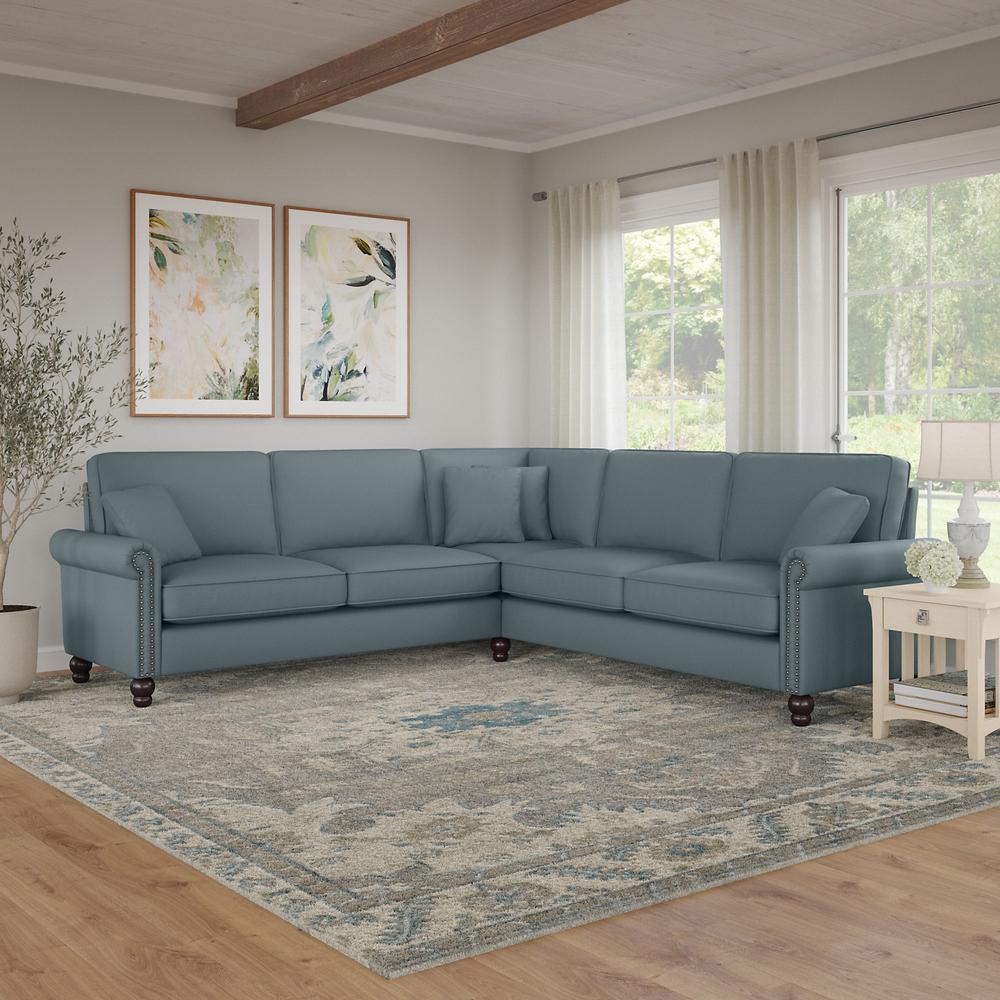 Bush Furniture Coventry 99W L Shaped Sectional Couch, Turkish Blue Herringbone Fabric. Picture 2