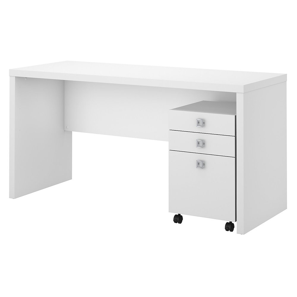 Echo Credenza Desk with Mobile File Cabinet in Pure White. Picture 1