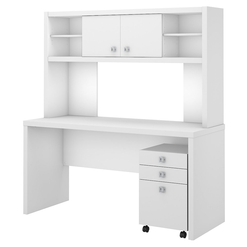 Echo Credenza Desk with Hutch and Mobile File Cabinet in Pure White. Picture 1