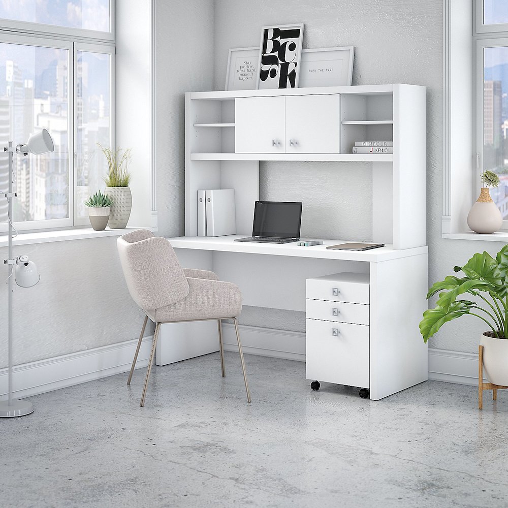 Echo Credenza Desk with Hutch and Mobile File Cabinet in Pure White. Picture 2