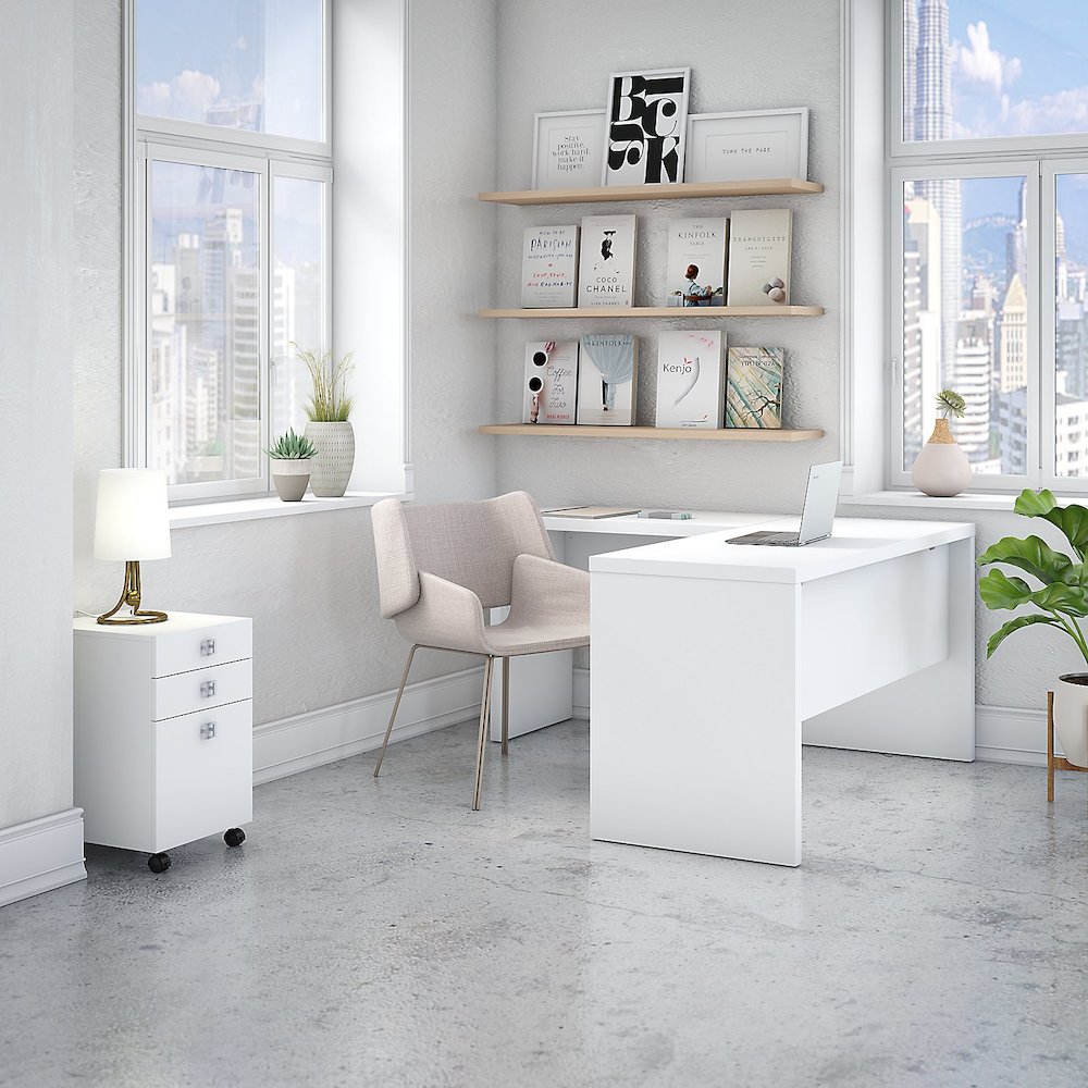 Echo L Shaped Desk with Mobile File Cabinet in Pure White. Picture 2