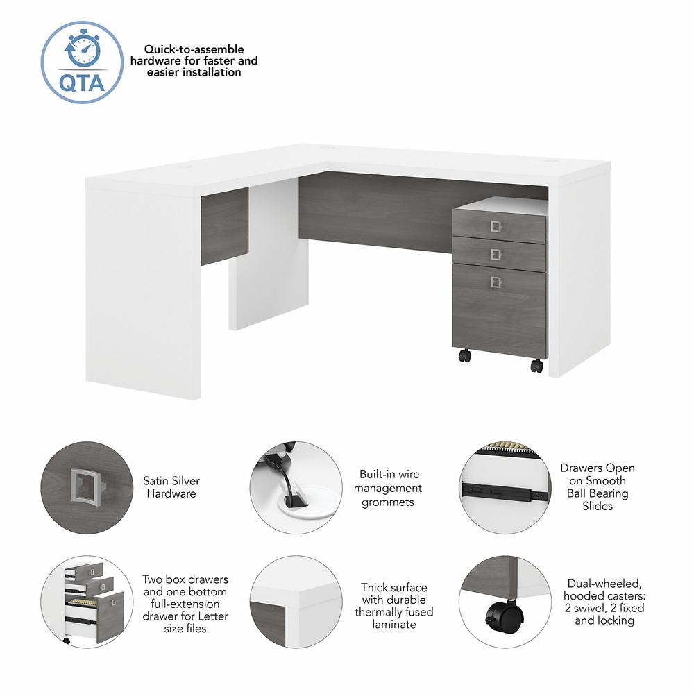 Echo L Shaped Desk with Mobile File Cabinet in Pure White and Modern Gray. Picture 3