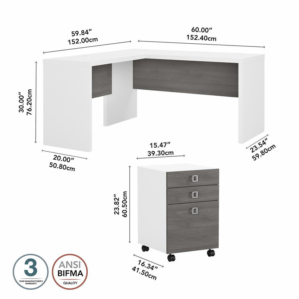Echo L Shaped Desk with Mobile File Cabinet in Pure White and Modern Gray. Picture 5