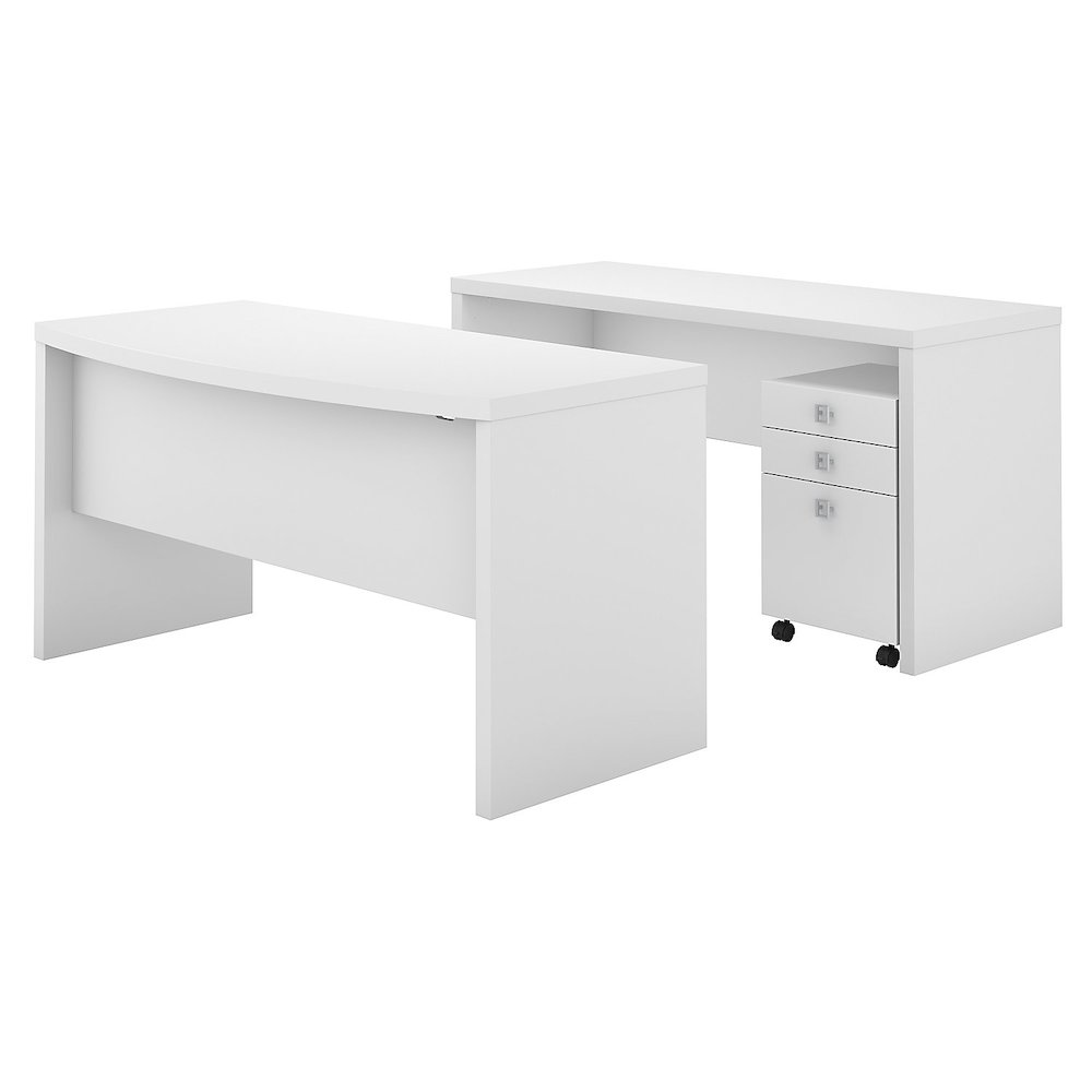 Echo Bow Front Desk and Credenza with Mobile File Cabinet in Pure White. Picture 1