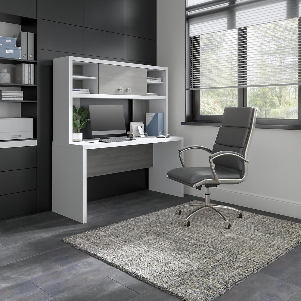 Echo 60W Credenza Desk with Hutch in Pure White and Modern Gray. Picture 2