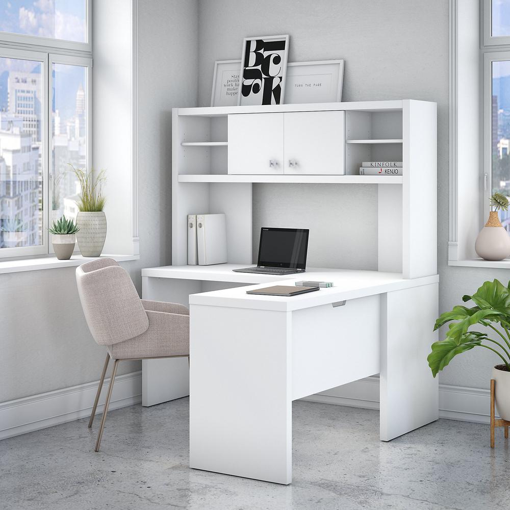 Echo L Shaped Desk with Hutch in Pure White. Picture 2