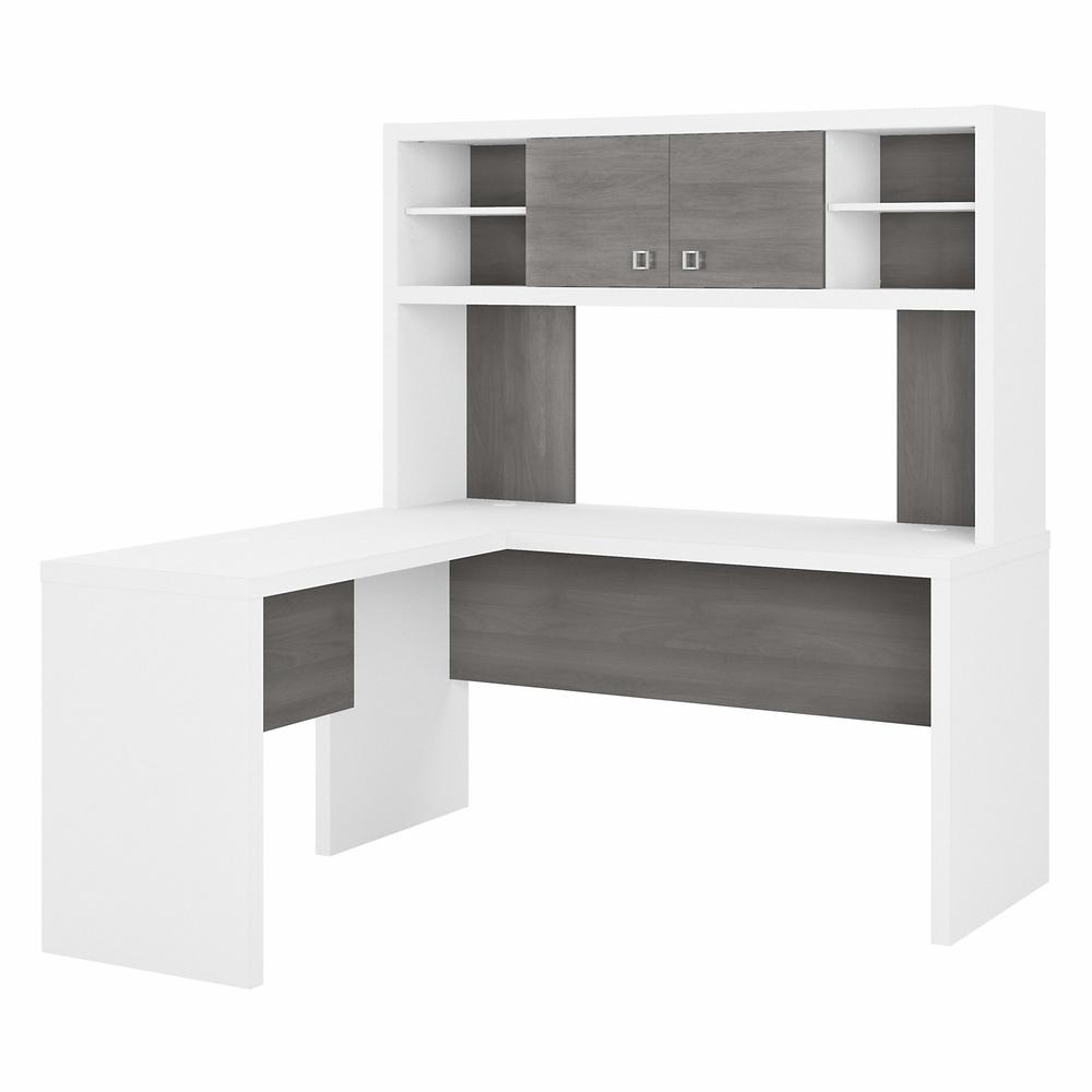 Echo L Shaped Desk with Hutch in Pure White and Modern Gray. Picture 1