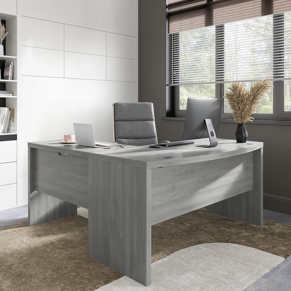 Echo L Shaped Bow Front Desk with High Back Chair in Modern Gray. Picture 2