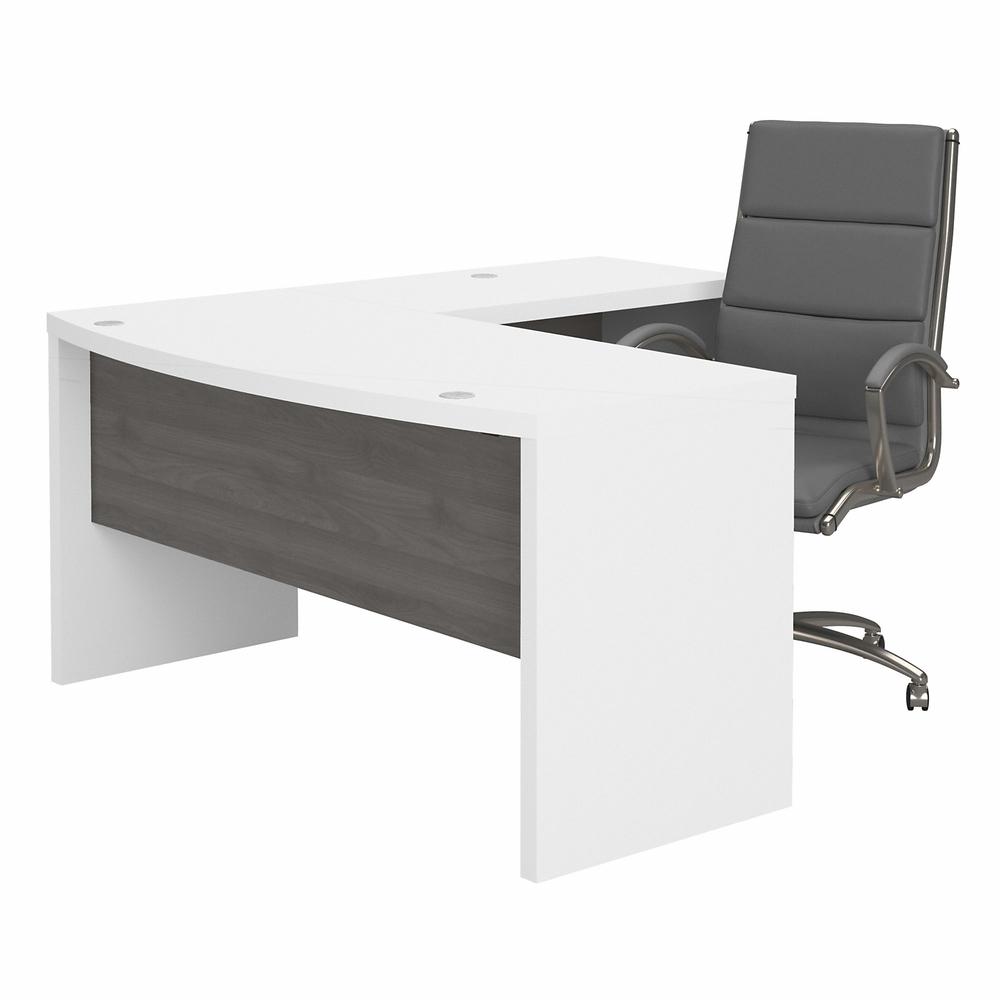 Echo L Shaped Bow Front Desk with High Back Chair in Pure White and Modern Gray. Picture 1