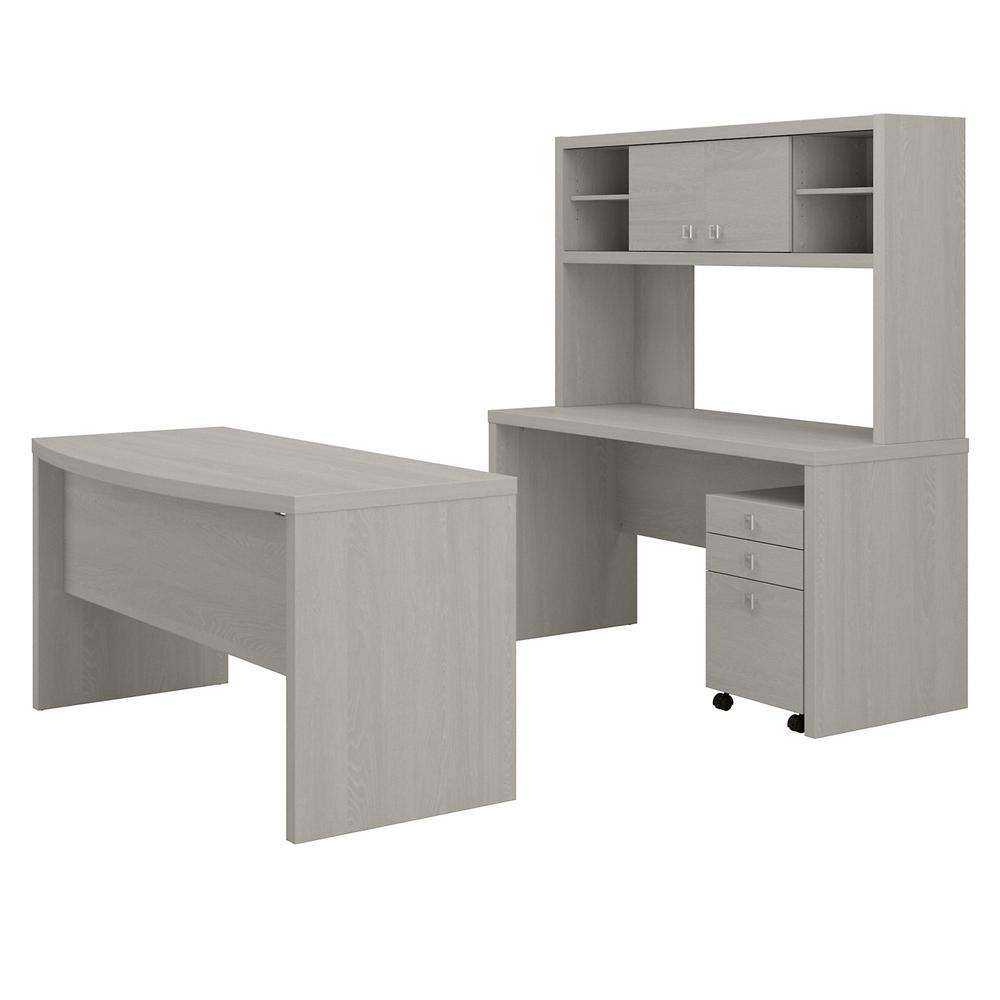 Echo Bow Front Desk, Credenza with Hutch and Mobile File Cabinet in Gray Sand. Picture 1