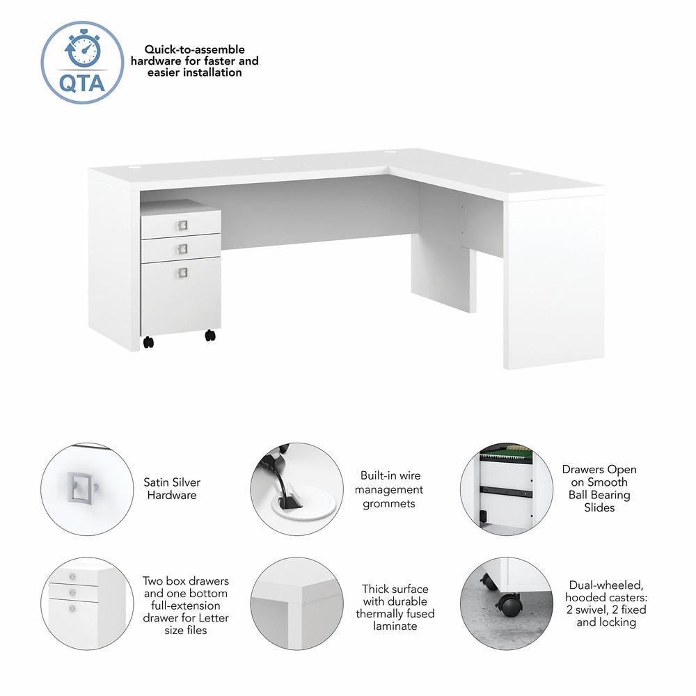 Echo 72W L Shaped Computer Desk with 3 Drawer Mobile File Cabinet in Pure White. Picture 5