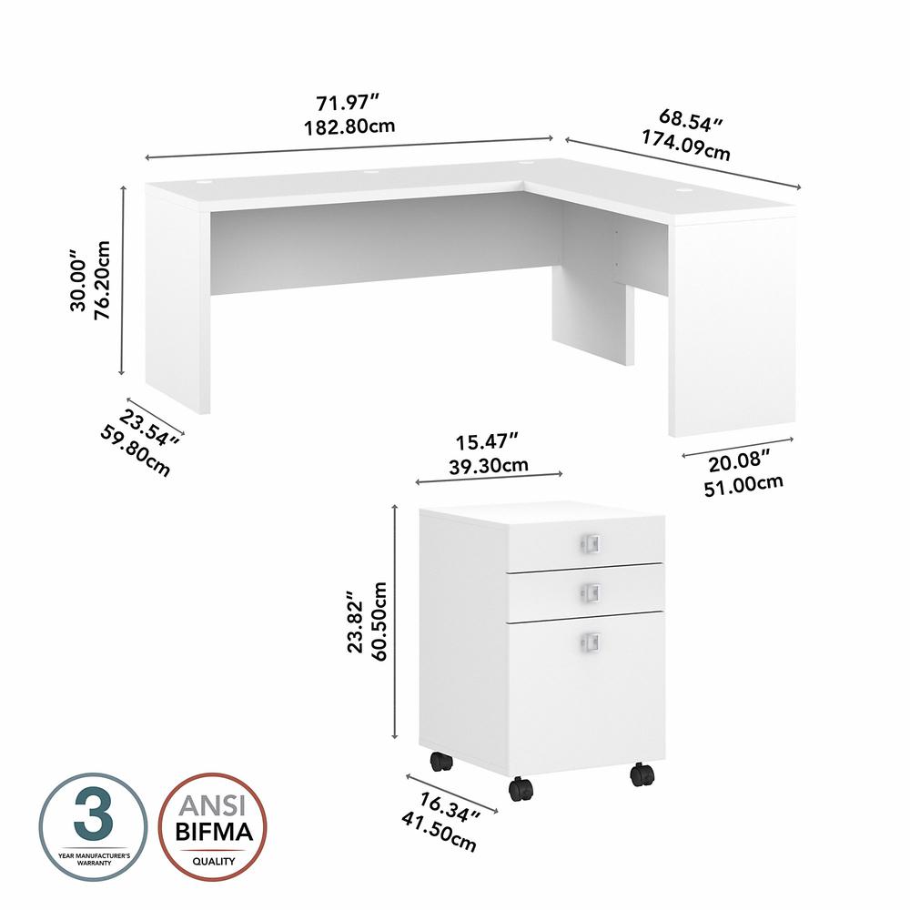 Echo 72W L Shaped Computer Desk with 3 Drawer Mobile File Cabinet in Pure White. Picture 6