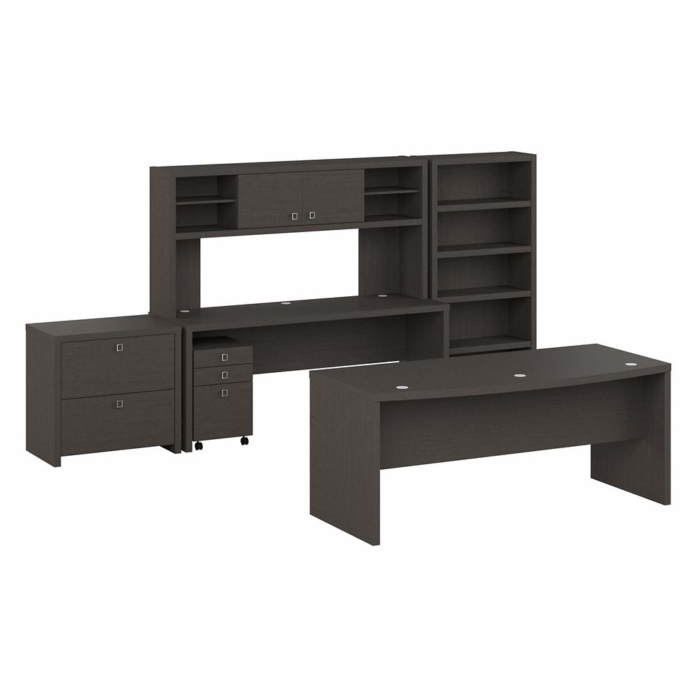 Echo 72W Bow Front Desk Set with Credenza, Hutch and Storage in Charcoal Maple. Picture 1