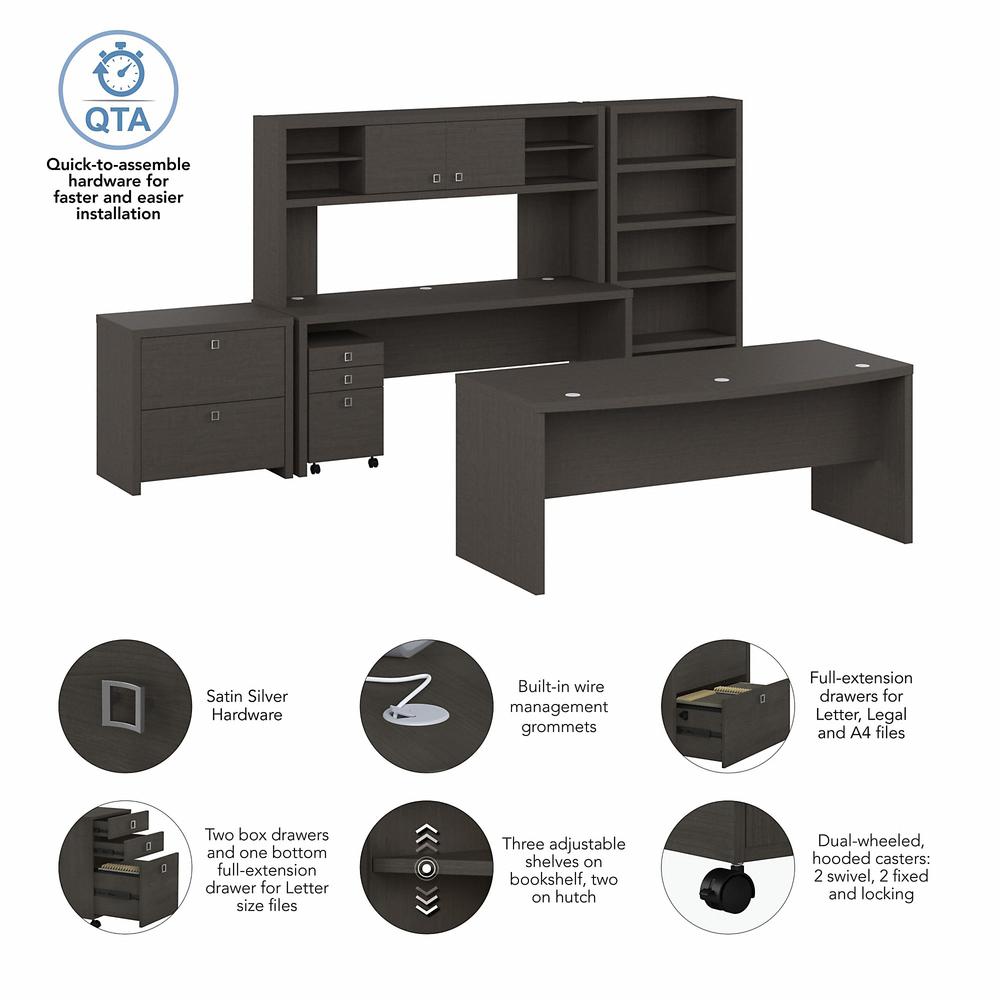 Echo 72W Bow Front Desk Set with Credenza, Hutch and Storage in Charcoal Maple. Picture 3