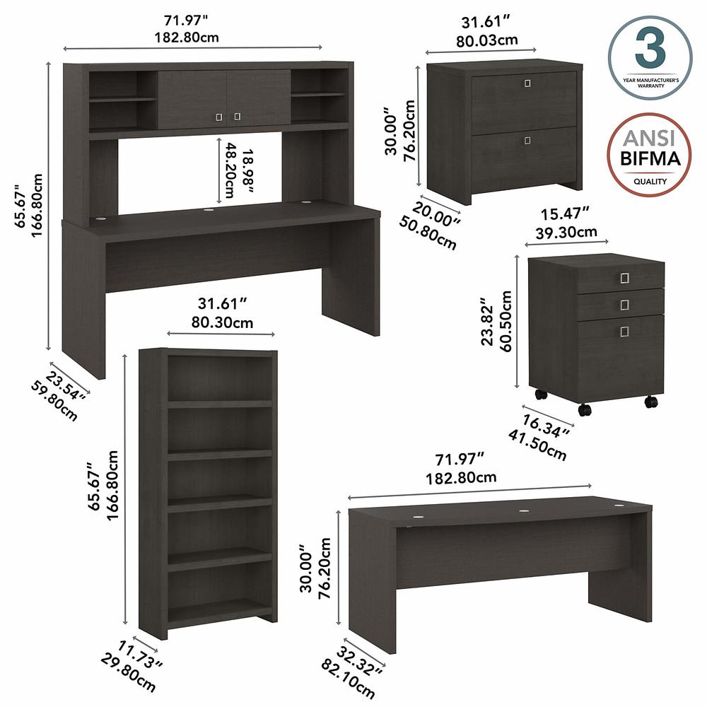 Echo 72W Bow Front Desk Set with Credenza, Hutch and Storage in Charcoal Maple. Picture 5