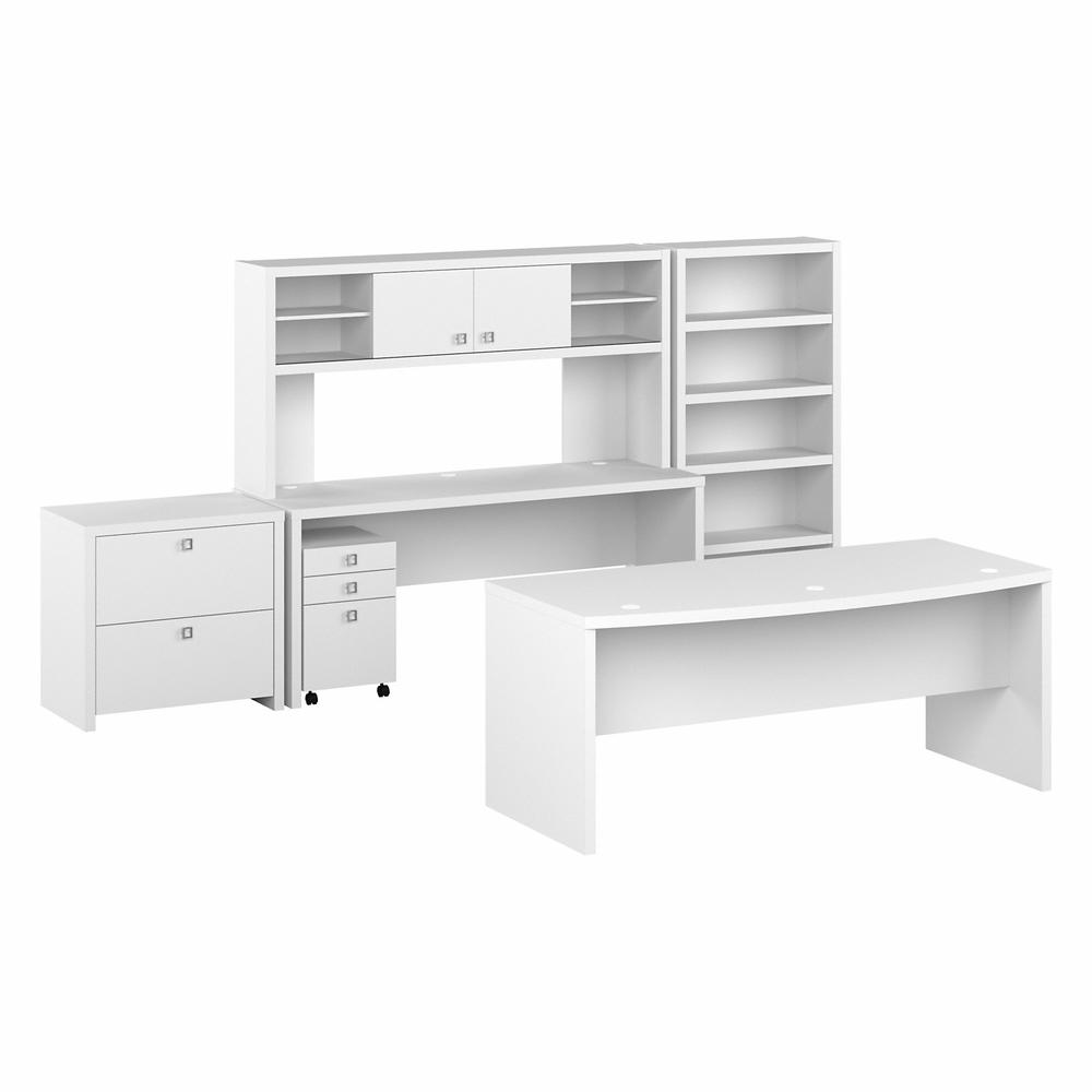 Echo 72W Bow Front Desk Set with Credenza, Hutch and Storage in Pure White. Picture 1
