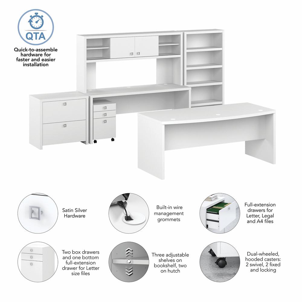 Echo 72W Bow Front Desk Set with Credenza, Hutch and Storage in Pure White. Picture 3