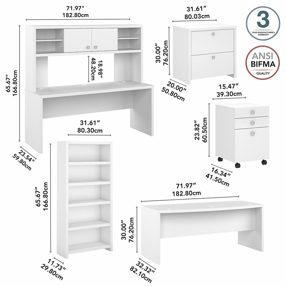 Echo 72W Bow Front Desk Set with Credenza, Hutch and Storage in Pure White. Picture 5
