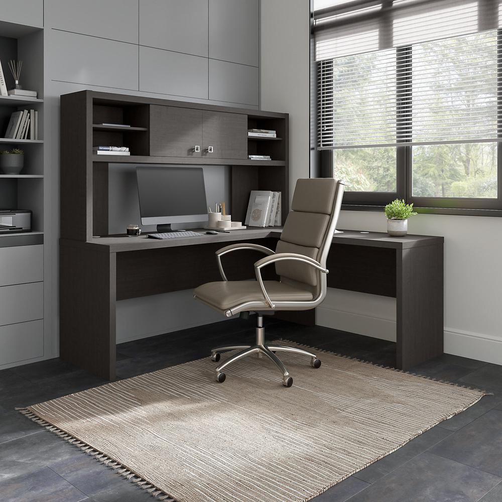 Office by kathy ireland® Echo 72W L Shaped Computer Desk with Hutch - Charcoal Maple. Picture 2