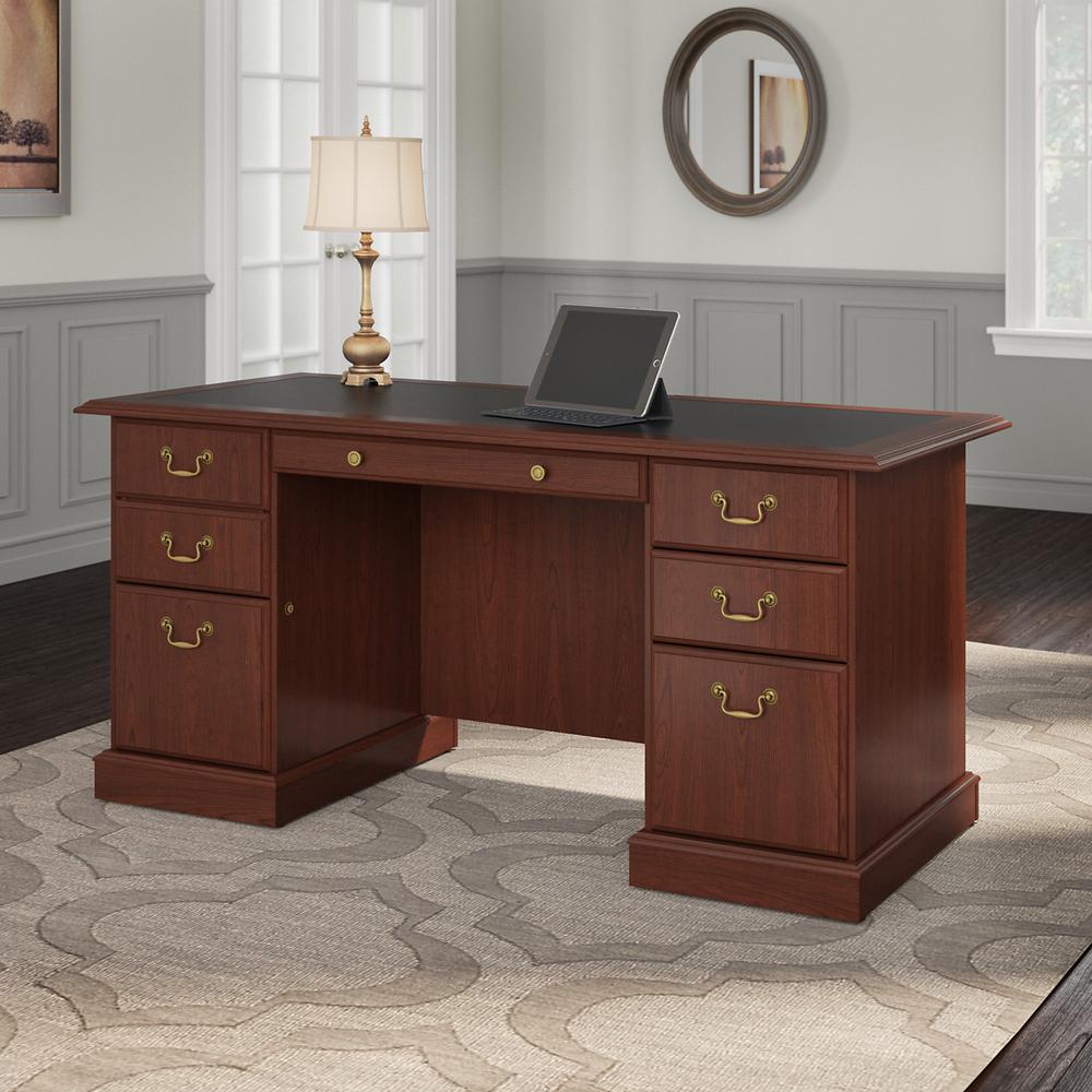 Bush Furniture Saratoga Executive Desk with Drawers Harvest Cherry/Black. Picture 2