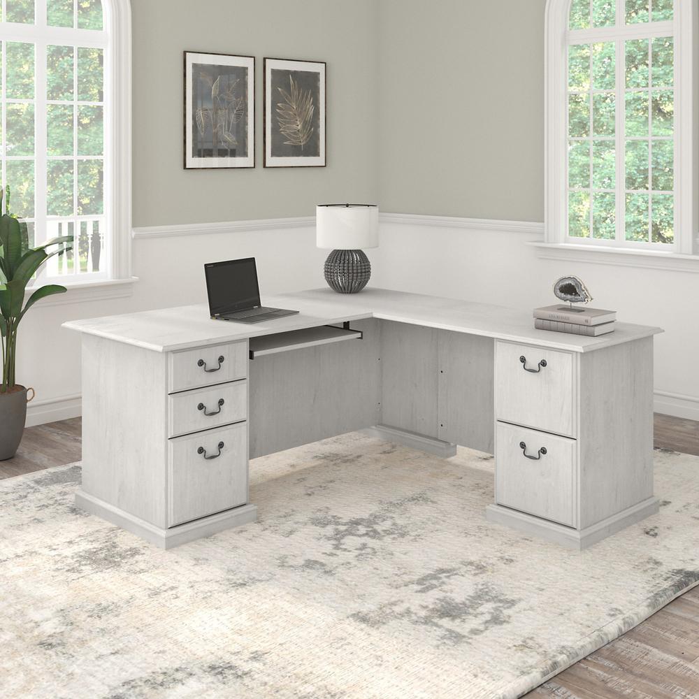 Bush Furniture Saratoga L Shaped Computer Desk with Drawers Linen White Oak. Picture 6