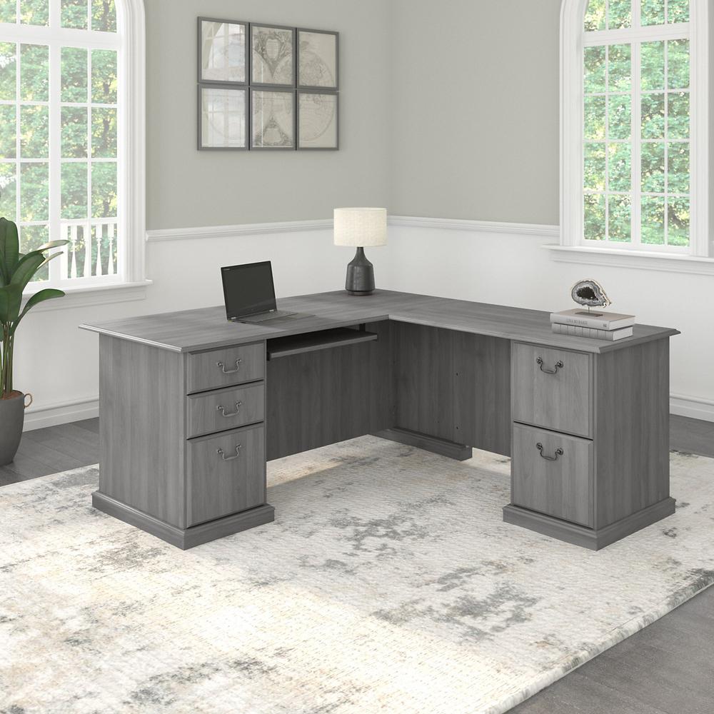 Bush Furniture Saratoga L Shaped Computer Desk with Drawers, Modern Gray. Picture 2