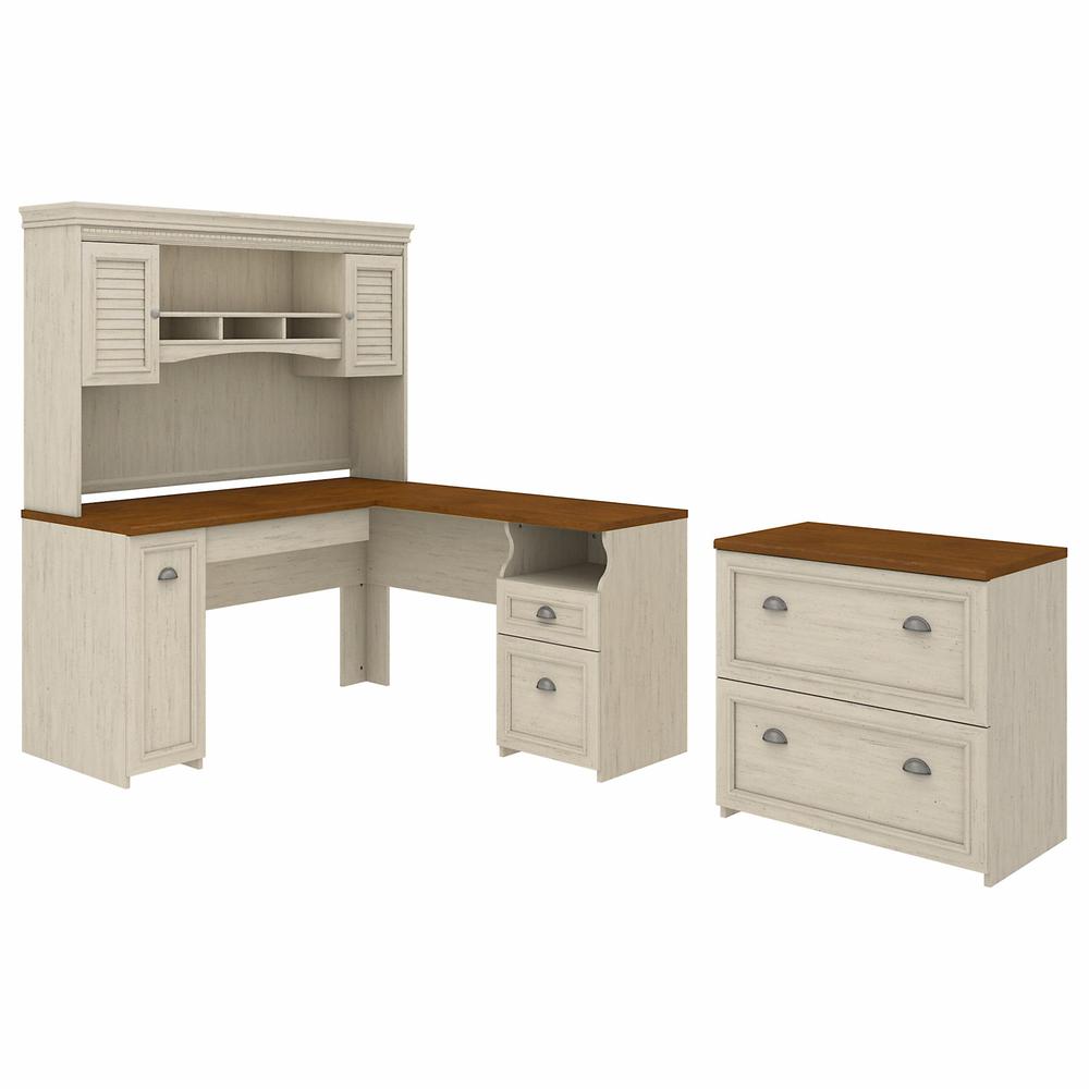 Bush Furniture Fairview 60W L Shaped Desk with Hutch and Lateral File Cabinet, Antique White/Tea Maple. Picture 1