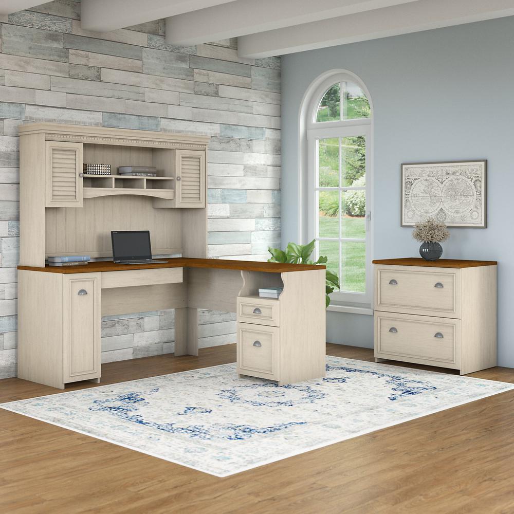Bush Furniture Fairview 60W L Shaped Desk with Hutch and Lateral File Cabinet, Antique White/Tea Maple. Picture 2