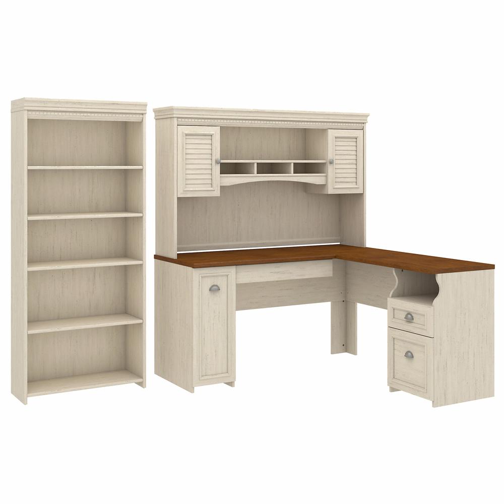 Bush Furniture Fairview 60W L Shaped Desk with Hutch and 5 Shelf Bookcase, Antique White. Picture 1