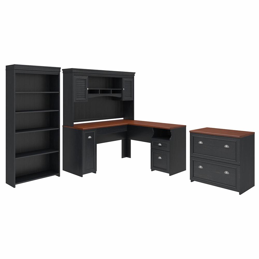 Bush Furniture Fairview 60W L Shaped Desk with Hutch, Lateral File Cabinet and 5 Shelf Bookcase, Antique Black. Picture 1