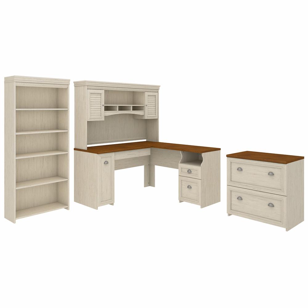 Bush Furniture Fairview 60W L Shaped Desk with Hutch, Lateral File Cabinet and 5 Shelf Bookcase, Antique White. Picture 1