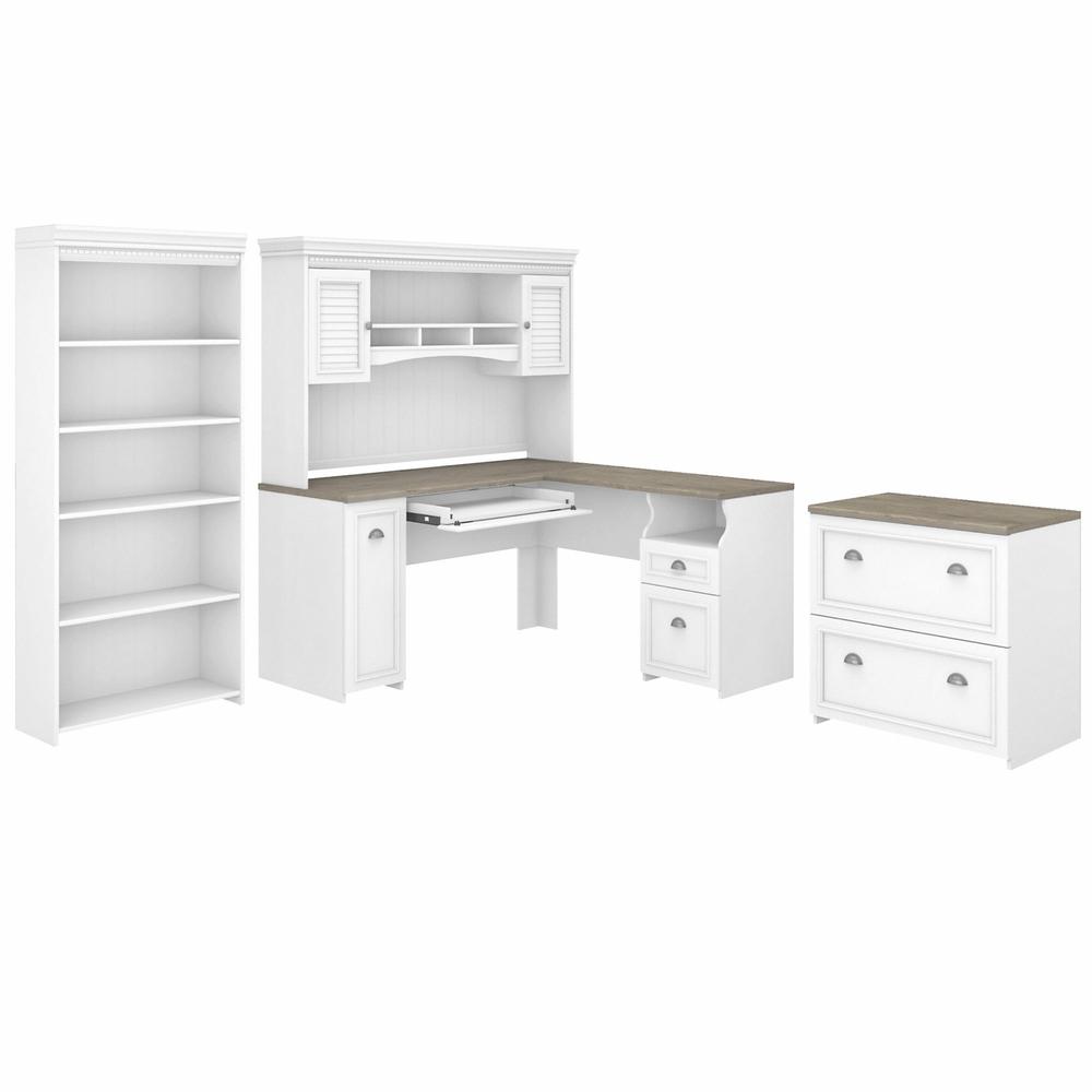 Bush Furniture Fairview 60W L Shaped Desk with Hutch, Lateral File Cabinet and 5 Shelf Bookcase. Picture 1