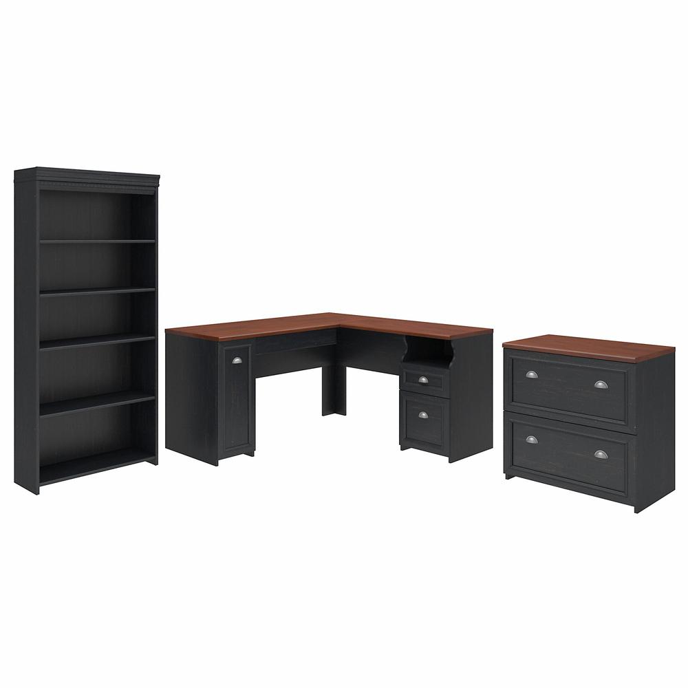 Bush Furniture Fairview 60W - L Shaped Desk with Lateral File Cabinet and 5 Shelf Bookcase. Picture 1