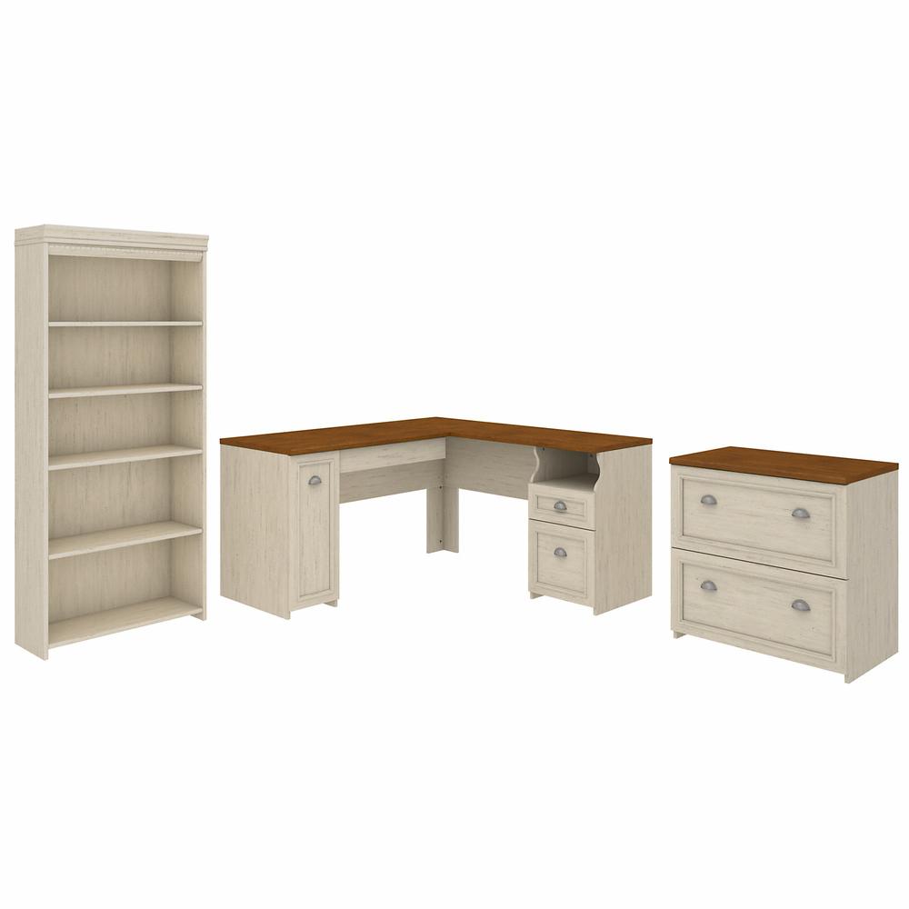 Bush Furniture Fairview 60W L Shaped Desk with Lateral File Cabinet and 5 Shelf Bookcase, Antique White. Picture 1