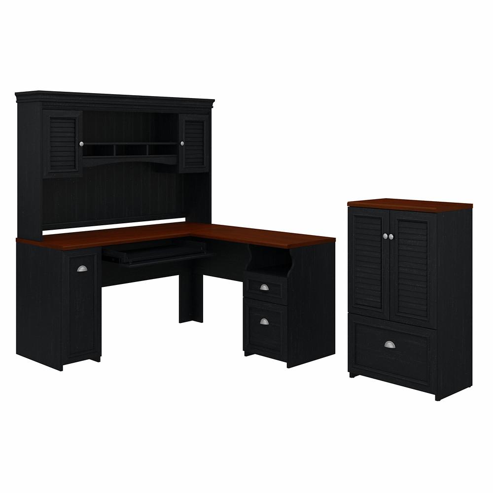 Bush Furniture Fairview 60W L Shaped Desk with Hutch and Storage Cabinet with File Drawer, Antique Black/Hansen Cherry. Picture 1
