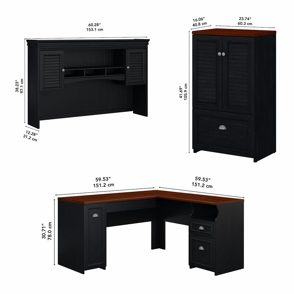 Bush Furniture Fairview 60W L Shaped Desk with Hutch and Storage Cabinet with File Drawer, Antique Black/Hansen Cherry. Picture 5