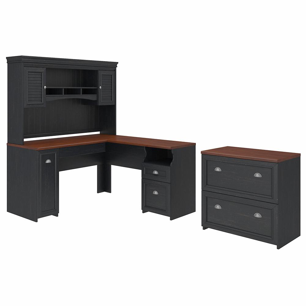 Bush Furniture Fairview L Shaped Desk with Hutch and Lateral File Cabinet, Antique Black/Hansen Cherry. Picture 1