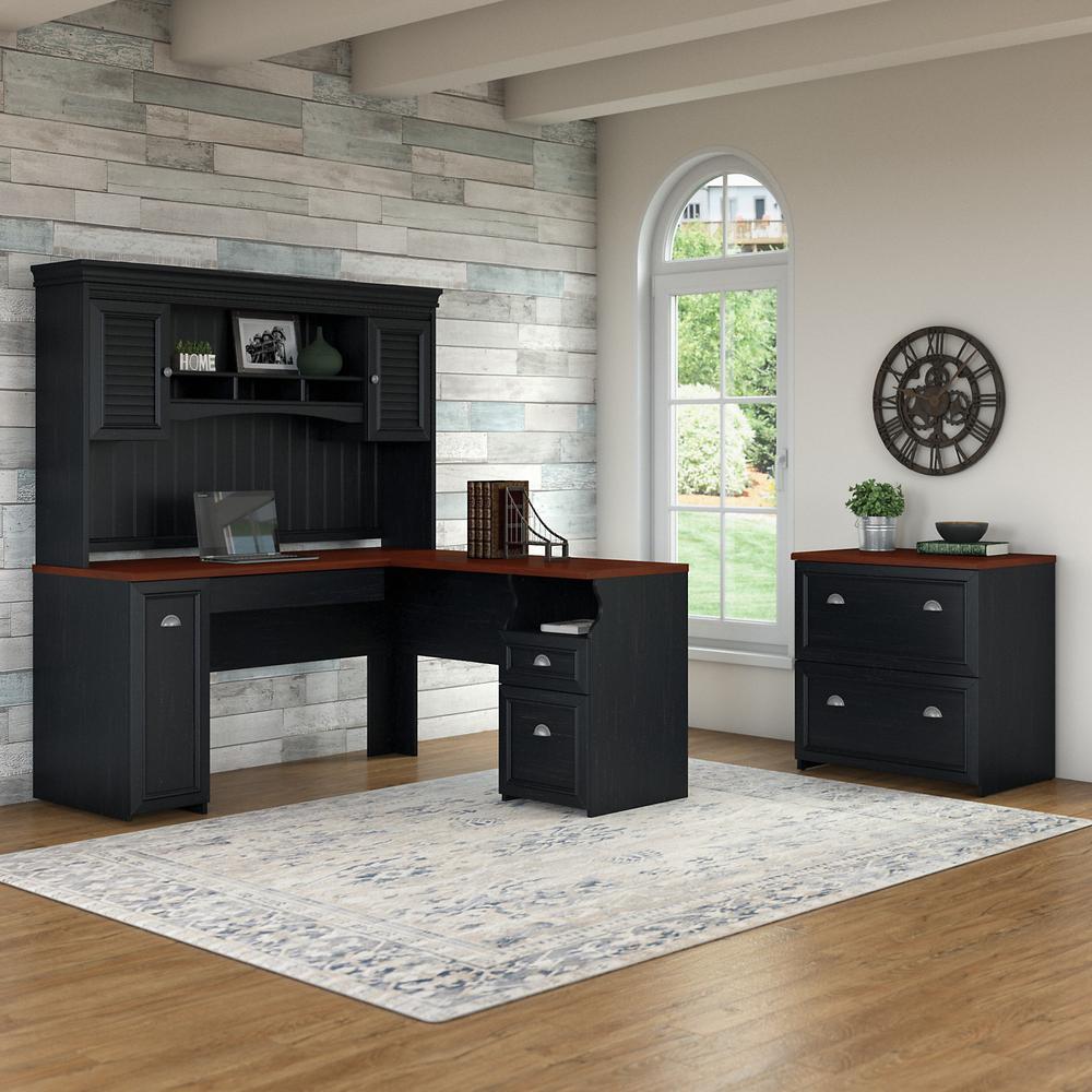 Bush Furniture Fairview L Shaped Desk with Hutch and Lateral File Cabinet, Antique Black/Hansen Cherry. Picture 2