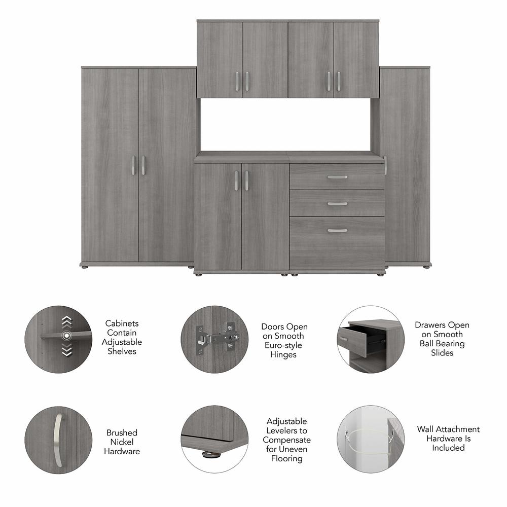 Bush Business Furniture Universal 6 Piece Modular Garage Storage Set with Floor and Wall Cabinets - Platinum Gray. Picture 3