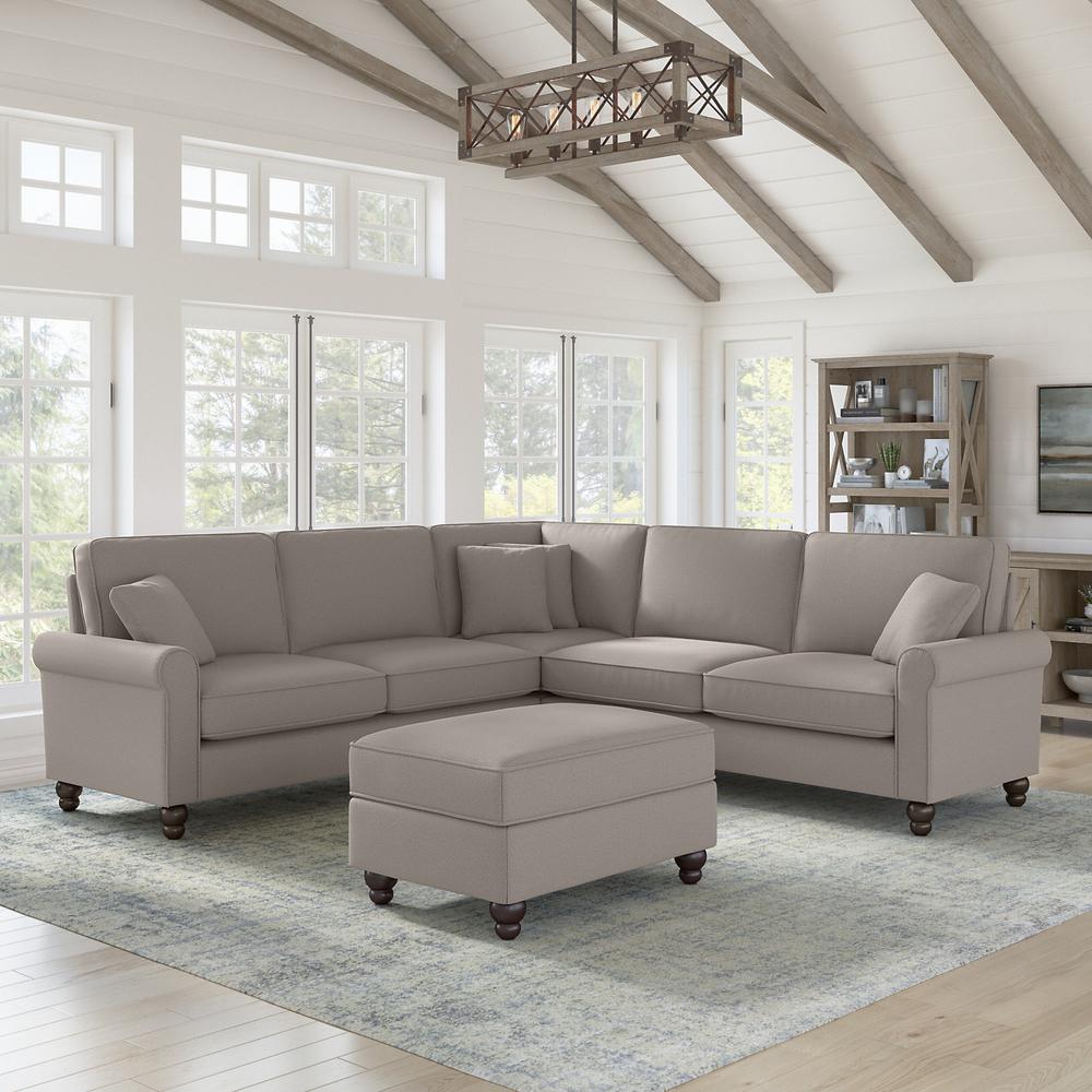 Bush Furniture Hudson 99W L Shaped Sectional Couch with Ottoman, Beige Herringbone Fabric. Picture 2