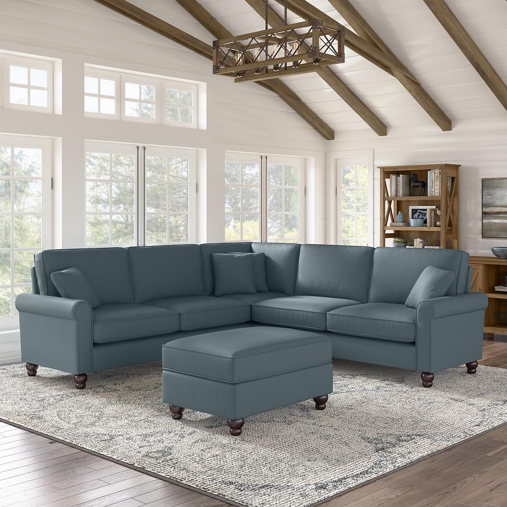 Bush Furniture Hudson 99W L Shaped Sectional Couch with Ottoman, Turkish Blue Herringbone Fabric. Picture 2