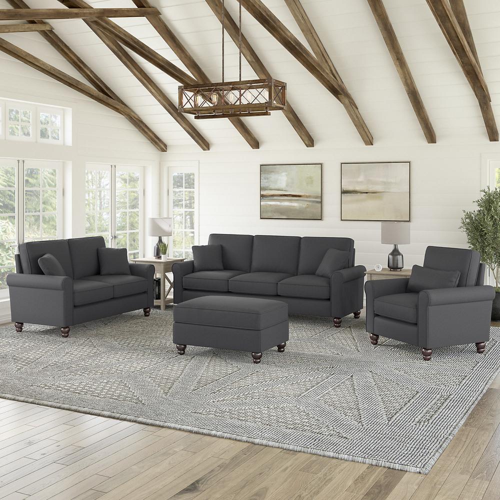 Bush Furniture Hudson 85W Sofa with Loveseat, Accent Chair, and Ottoman, Charcoal Gray Herringbone Fabric. Picture 2
