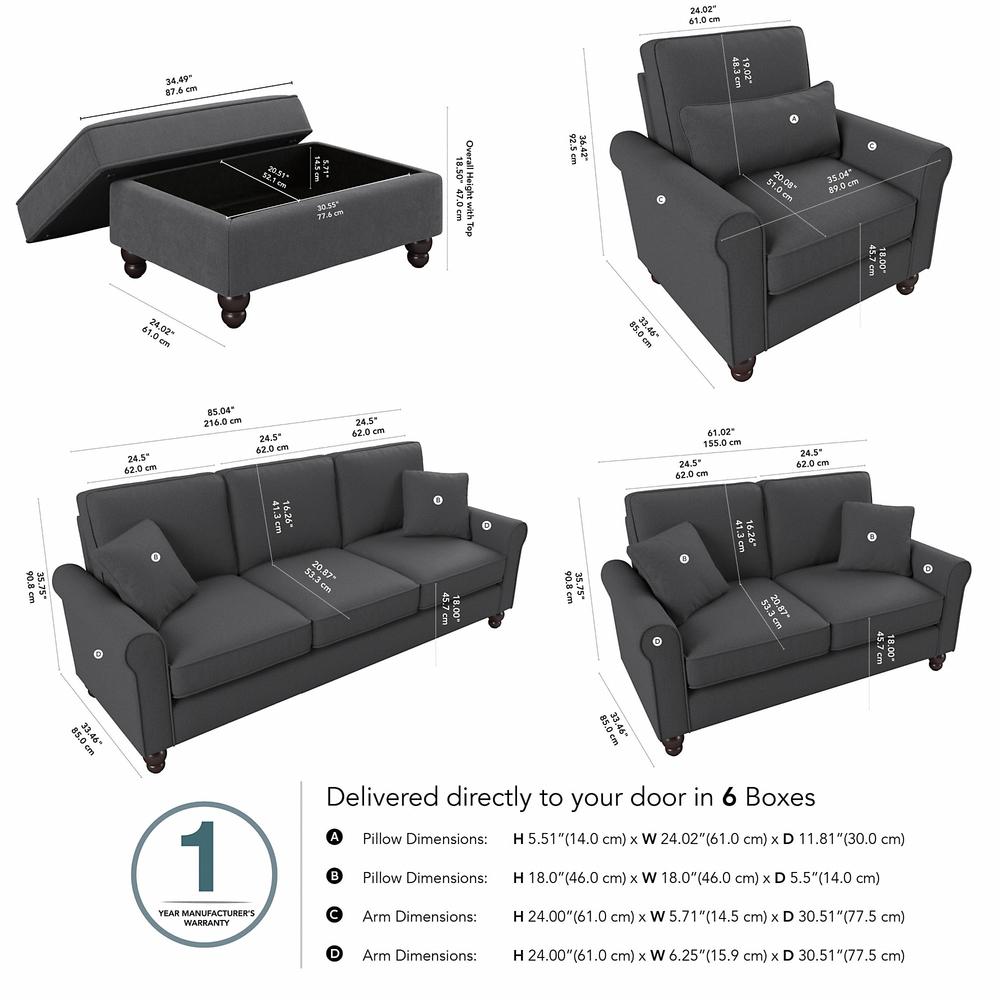 Bush Furniture Hudson 85W Sofa with Loveseat, Accent Chair, and Ottoman, Charcoal Gray Herringbone Fabric. Picture 5