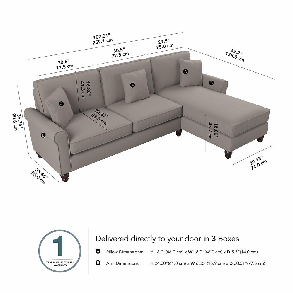 Bush Furniture Hudson 102W Sectional Couch , Beige Herringbone Fabric. Picture 6